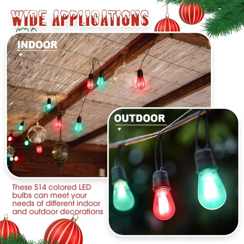Miniatura 5 de 25 unidades de bombillas LED S14 rojas y verdes de 2W con base E26, bombillas de Navidad de colores rojo y verde, bombillas de cadena