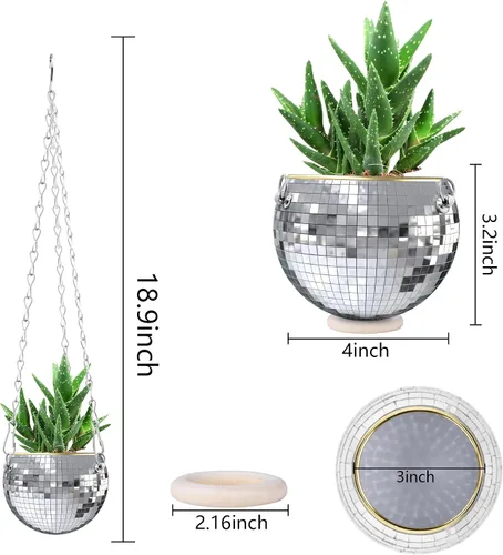 Miniatura 2 de moonoom 2 macetas colgantes de bola de discoteca – 4 pulgadas de color plateado con espejo de discoteca con cadena – Maceta colgante bohemia