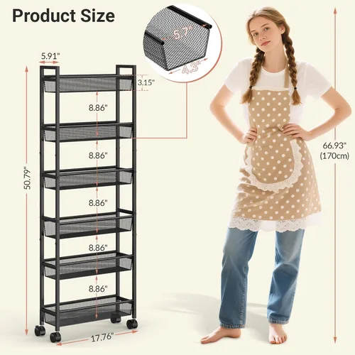 Miniatura 2 de ThreeHio Carrito de almacenamiento delgado de 6 niveles, carrito estrecho con ruedas, estantería móvil de metal para cocina, baño, lavandería, sala
