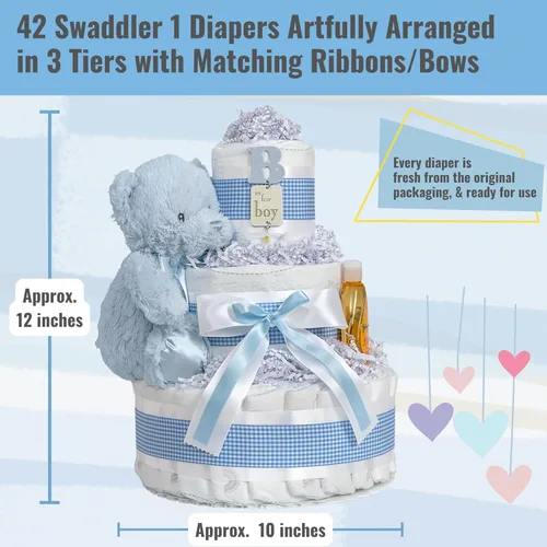 Miniatura 6 de Lil' Baby Cakes Pastel de Pañales Azul para Niño - Hace un Hermoso Regalo para Bebé Niño - Adorable y Práctico - Hecho a Mano con 42 Pañales