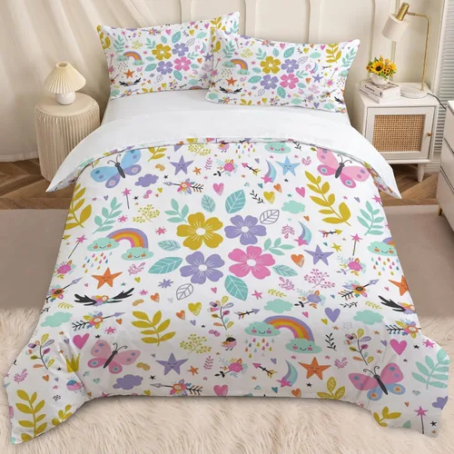 Miniatura 16 de BEDMUST Funda de edredón de unicornio tamaño individual, suave y lindo juego de ropa de cama de unicornio rosa con hojas de flores y pájaros azules