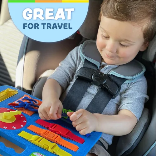 Miniatura 4 de Buckle Toys Busy Board - Juguete de aprendizaje Montessori para niños pequeños, actividades de viaje por carretera, tablero sensorial de espuma, Azul
