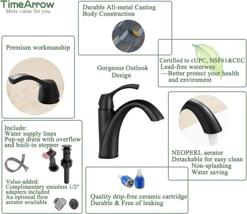 Miniatura 4 de TimeArrow TAF206-MB TAF206-MB - Grifo para lavabo de baño, negro mate, grifo de baño de una sola manija para 1 agujero con placa de cubierta de 3