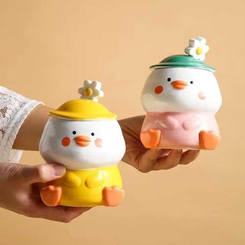 Miniatura 2 de Linda taza de café de pato 3D, divertida taza de café de cerámica de pato con tapa con sombrero y encantadora cuchara de flores, apta