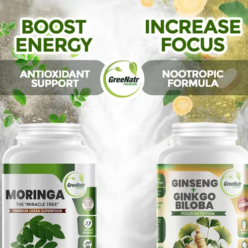 Miniatura 2 de GreeNatr Focus an Energy Bundle Ginseng + Ginkgo Biloba Tabletas + Cápsulas de Moringa Oleifera - Potenciador de energía tradicional y sacapuntas