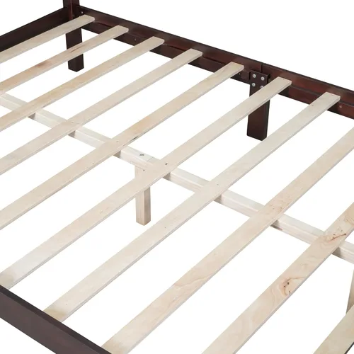 Miniatura 8 de Base de cama de plataforma de madera tamaño Queen, plataforma de estilo retro con soporte de listones de madera, marco de cama retro con plataforma