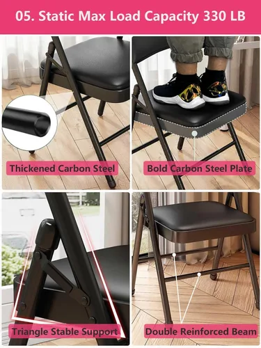 Miniatura 5 de 1 paquete de sillas plegables al por mayor con cojín acolchado, marco individual de metal de acero negro, silla plegable para interiores