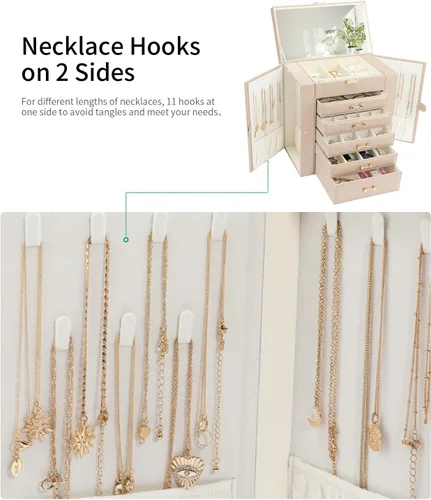 Miniatura 3 de Caja de almacenamiento de joyas, organizador de joyas con 22 ganchos para collares, caja de joyería grande para anillos, pulseras, collares, aretes