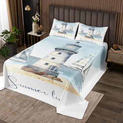 Erosebridal Juego de colcha náutica, juego de edredón de lancha de vela, faro, acuarela con temática oceánica, juego de ropa de cama de verano,