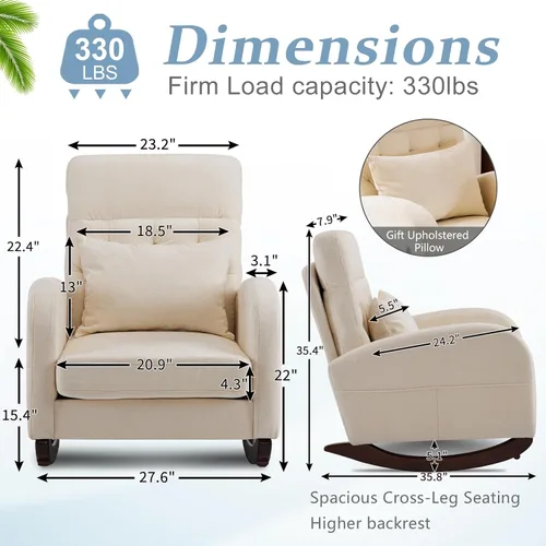 Miniatura 2 de VINGLI Mecedora de Asiento Bajo de Chenilla, Silla Planeadora Tapizada para Guardería con Bolsillos Laterales, Sillón Decorativo con Brazos