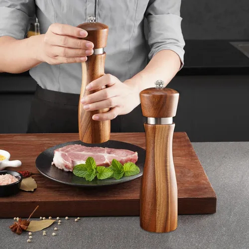 Miniatura 7 de Rectificadora de sal y pimienta de madera de acacia, molienda de cerámica duradera, máquina de pulir manual de anillo de acero con grosor ajustable