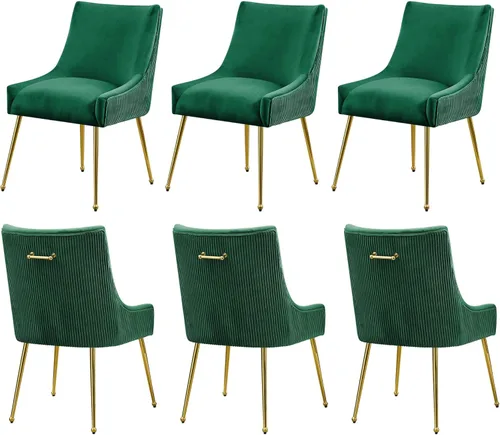 Miniatura 18 de WUTUTUEE Juego de 2 sillas de comedor de terciopelo, patas doradas, sillas decorativas tapizadas de terciopelo, diseño de respaldo plisado y asa