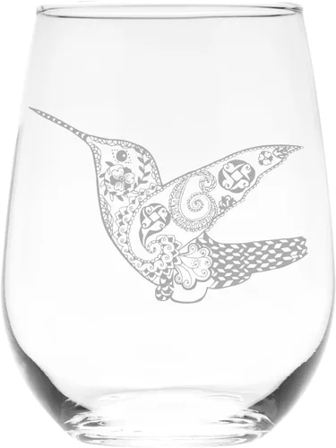 C M Copa de vino sin tallo de 17 onzas, vidrio grabado con láser con diseño de colibrí, regalo para amantes de los colibríes para mujeres y hombres