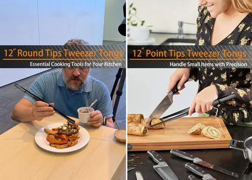 Miniatura 4 de JETKONG 6 pinzas de cocina, juego de pinzas de cocina de acero inoxidable de 12 y 6.3 pulgadas, pinzas de chef profesionales para cocinar, reparar