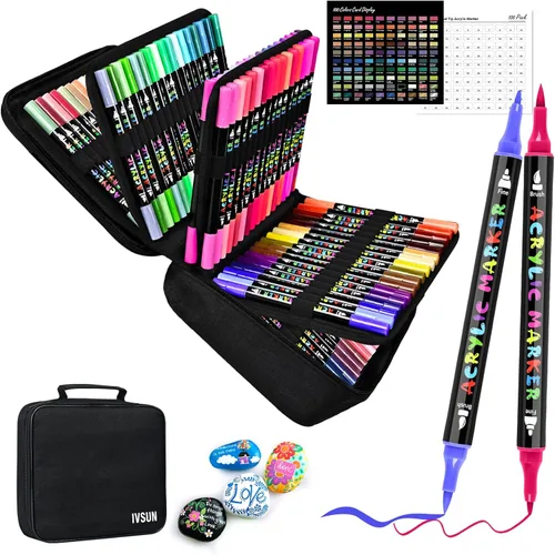 IVSUN Bolígrafos de Pintura Acrílica, 100 Colores Marcadores de Pintura de Doble Punta con Punta Fina y Punta de Pincel para Piedra, Madera, Lienzo,
