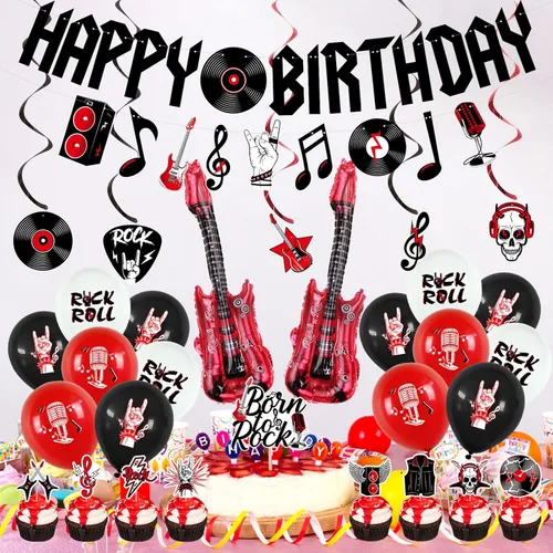 Miniatura 6 de Crenics Decoraciones de Fiesta de Cumpleaños de Rock and Roll - Pancarta de Feliz Cumpleaños, Remolinos Colgantes, Adornos para Pasteles y Globos