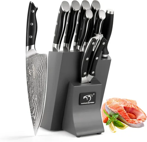NANFANG BROTHERS Juego de cuchillos de cocina de Damasco con bloque, 9 piezas, mango ergonómico ABS, afilador de cuchillos, tijeras de cocina Negro