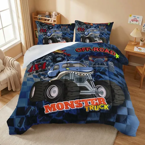 AILONEN Juego de edredón de camión tamaño individual, juego de ropa de cama con temática de camión monstruo 3D sobre fondo azul, para niños y niñas,