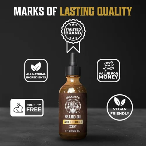 Miniatura 5 de Viking Revolution Aceite de barba de tabaco dulce para hombres, aceite natural para barba con aceite de argán y aceite de jojoba, suavizante