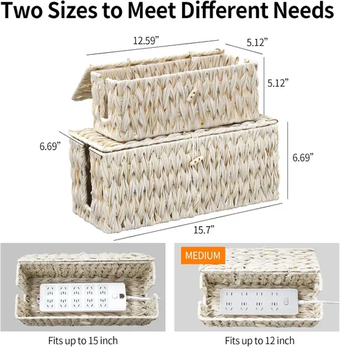 Miniatura 4 de Coeusy Caja de Gestión de Cables, Bohemia Decorativa Tejida a Mano con 2 Ranuras Abiertas, Caja Organizadora Ocultadora de Cables con Tapa