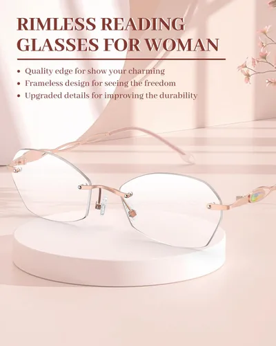Miniatura 2 de LUFF Rimless Reading Glasses for Women Blue Light Computer Readers Lightweight 16g Metal Frame Eye Strain Relief Rosa