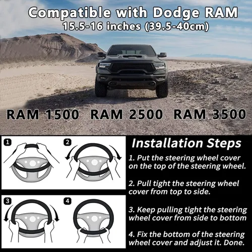 Miniatura 6 de Yangday Funda de volante de cuero para Dodge Ram 1500 2500 3500, Funda de volante de coche de 15.5-16 pulgadas con partícula antideslizante de Negro