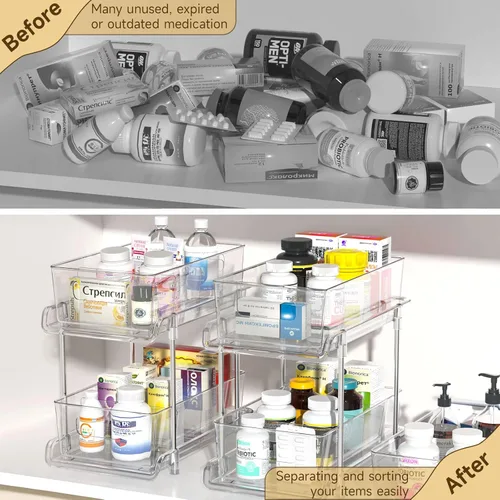 Miniatura 4 de HIHEGD Organizador de Almacenamiento de Baño de 2 Niveles con Separadores, Transparente, Extraíble Debajo del Fregadero para Cocina, Despensa