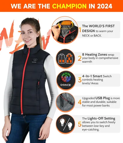 Miniatura 2 de DOACE Chaleco térmico mejorado para hombres y mujeres, chaleco de calefacción eléctrica inteligente, chaqueta térmica ligera (batería no incluida)