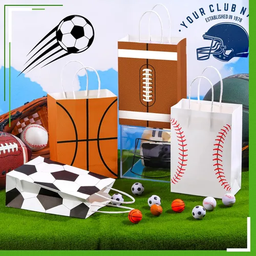 Miniatura 3 de TaoBary 12 bolsas de regalo para fiestas deportivas, fútbol, béisbol, deportes, bolsas de regalo con asas para decoración de fiesta de cumpleaños