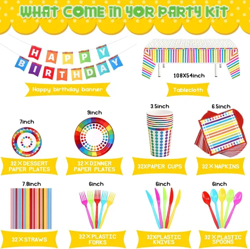 Miniatura 2 de Sepamoon 258 piezas de suministros para fiesta de cumpleaños estilo arco iris, decoraciones de cumpleaños, juego de vajilla incluye platos de fiesta
