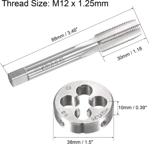 Miniatura 2 de uxcell M12 x 0.049 in Juego de llaves métricas y troqueladoras, rosca de máquina con troquel de roscado redondo, kit de grifo y troquelado