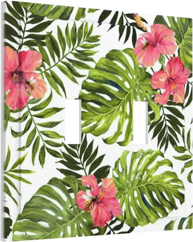 Miniatura 16 de Cubierta de placa de pared con palmera verde de planta tropical, cubierta de interruptor de luz de 1 cuadrilla, hojas de plátano, flores rosas