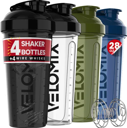 Miniatura 12 de VELOMIX -4 Pack- 28 oz Protein Shaker Bottles for Protein Mixes - 4x Wire Whisk Leak Proof Shaker Cups for Protein Shakes Stackable Protein