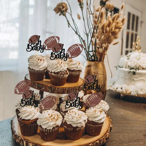 Miniatura 6 de Oh Baby - Juego de 24 adornos para cupcakes de fútbol americano con purpurina para decoración de cupcakes de fútbol americano para superrugby