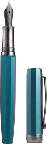 Miniatura 12 de HONG DIAN N11 Pluma estilográfica, punta extrafina suave recubierta de titanio en color negro, diseño geométrico azul pavo real y rombo con estuche