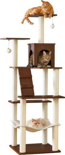 Miniatura 11 de Árbol moderno para gatos de 64 pulgadas, torre para gatos de interior con varios niveles, con 7 postes rascadores completamente envueltos, 2 Marrón
