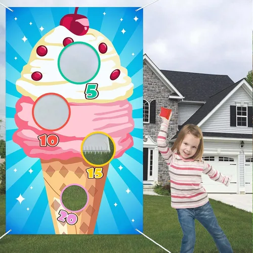 Miniatura 5 de Cartel de juegos de lanzamiento de helados, telón de fondo, suministros temáticos de postres congelados, decoración de bandera para interiores
