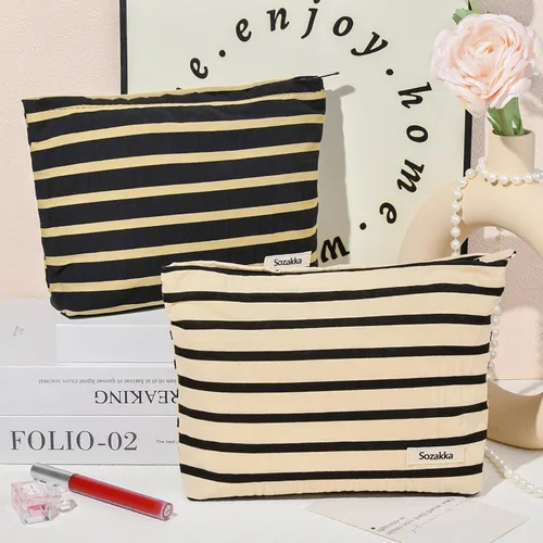 Miniatura 2 de SOIDRAM 2 Piezas Bolsa de Maquillaje Grande con Rayas, Bolsa de Cosméticos de Gran Capacidad, de Lona, Bolsa Organizadora de Artículos de Tocador