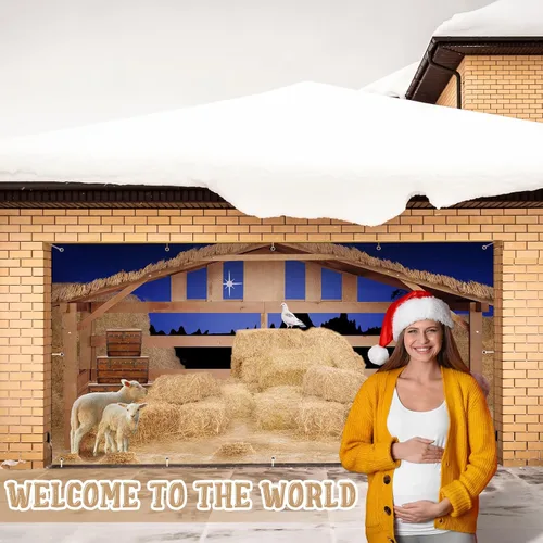 Miniatura 6 de Preboun Cubierta para pancarta de puerta de cochera de Navidad con escena del pesebre del establo, telón de fondo para granja, granero, gran mural