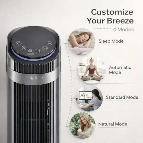 Miniatura 3 de Ventilador de torre para dormitorio, ventilador oscilante sin aspas con control remoto, 5 velocidades, 4 modos, ventilador silencioso de 28 dB, alta