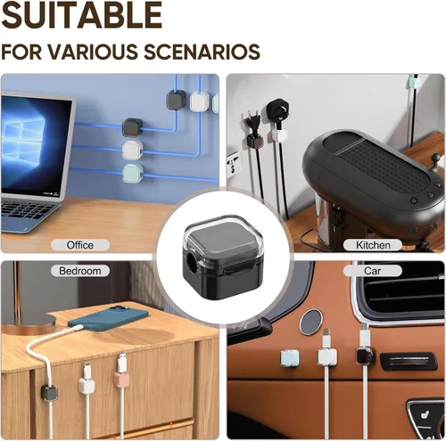 Miniatura 6 de Paquete de 9 soportes magnéticos para cables, clips magnéticos para cables de escritorio con adhesivo fuerte, organizador de cables para gestión
