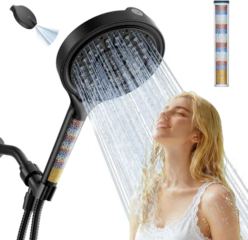 Cabezal de ducha de mano con filtro JITTGO, cabezal de ducha de mano de 15 cm de alta presión con filtros para agua dura, cabezal de ducha Mate negro