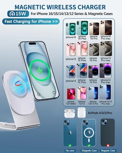 Miniatura 3 de Cargador inalámbrico magnético Mag-Safe para iPhone 17/16/15/14/13/12 Serie Soporte/Almohadilla de carga inalámbrica magnética convertible con cable