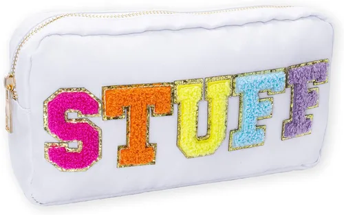 Miniatura 11 de Fablinks Bolsa de cosméticos de nylon rosa con parches de letras de chenilla