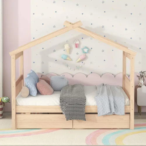 Miniatura 3 de Bellemave Cama de casa de tamaño matrimonial para niños, marco de plataforma Montessori con 2 cajones, cabecera y estribo, almacenamiento de madera