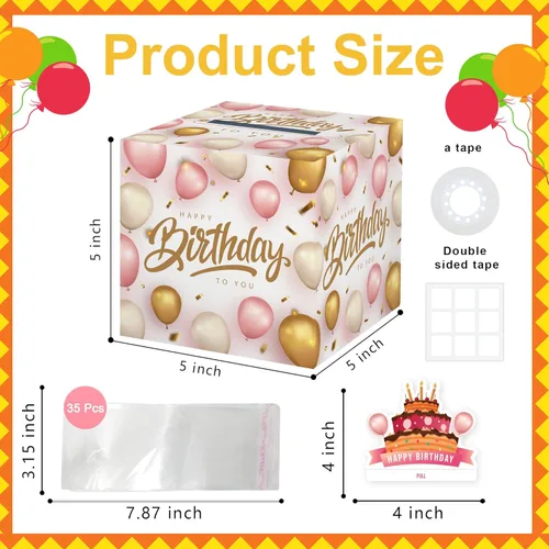 Miniatura 2 de Caja de dinero sorpresa, caja de dinero de feliz cumpleaños para dinero en efectivo, incluye tarjeta de feliz cumpleaños y 35 bolsas transparentes
