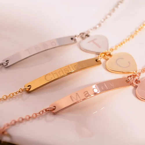 Miniatura 3 de Tobillera personalizada con corazón, plata de 16 quilates, chapada en oro rosa, con delicada barra de nombre, un regalo considerado