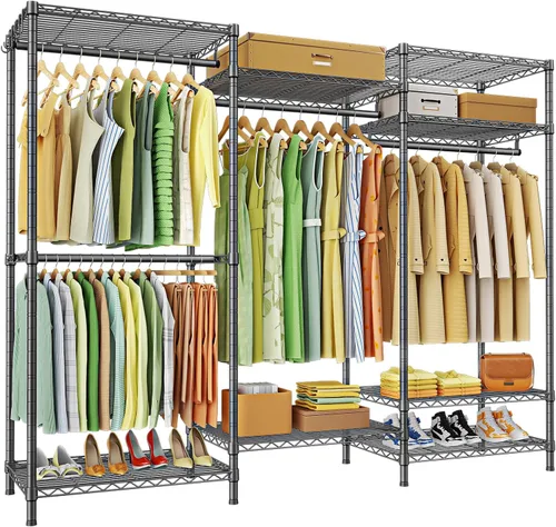 Miniatura 11 de Ulif E13 Perchero de Ropa de Servicio Pesado (Con 4 Barras Colgadoras y 8 Estantes) Percheros Independientes para Colgar Ropa, Organizador de Closet