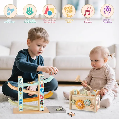 Miniatura 5 de Juguetes Montessori de madera para niños de 1 año, juguetes de clasificación y apilamiento, juguete de martilleo con xilófono y juego de pesca
