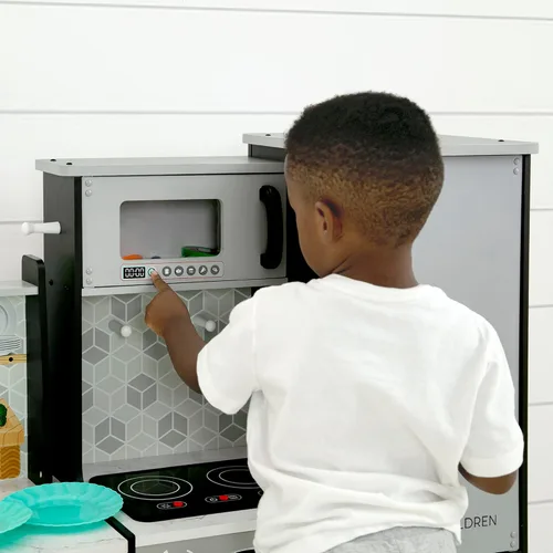 Miniatura 12 de Delta Children - Cocina de juguete Gourmet Todo en Uno de Rincón - Juego de cocina con estufa segura y sin calor con luces, horno, fregadero, Gris